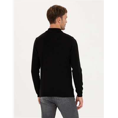 Siyah Slim Fit Fermuarlı Dik Yaka Triko Kazak