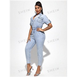 SHEIN SXY Women'S Short Sleeve Wrap Neck Denim Jumpsuit
