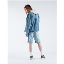 Printed Base Straight Fit Denim Shorts, Men, Light Blue