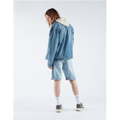 Printed Base Straight Fit Denim Shorts, Men, Light Blue