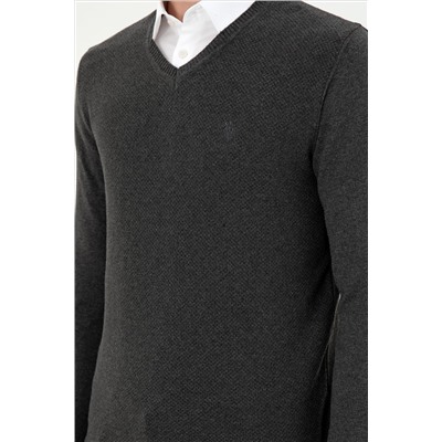 Erkek Slim Fit V Yaka Antrasit Melanj Basic Kazak