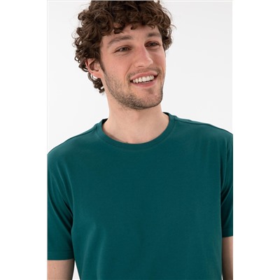 Erkek Regular Fit Bisiklet Yaka Koyu Yeşil Basic Tişört