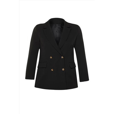 Siyah Oversize/Bol Kesim Astarlı Kruvaze Kapama Dokuma Blazer Ceket TBBSS24AG00002