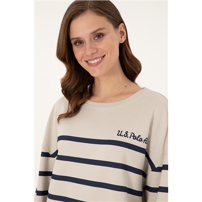 Kadın Taş Çizgili Bisiklet Yaka Sweatshirt