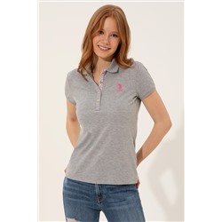 Kadın Gri Melanj Basic Polo Yaka Tişört