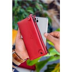 Garbalia, Deri Telefon Bölmeli El Saplı Gül Kurusu Unisex Portföy Cüzdan