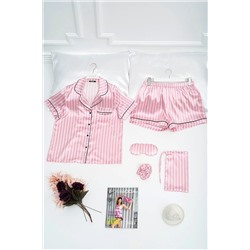 FOR YOU MODA 5'li Pembe Beyaz Çizgili Saten Pijama Takımı S32162