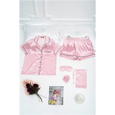 FOR YOU MODA 5'li Pembe Beyaz Çizgili Saten Pijama Takımı S32162