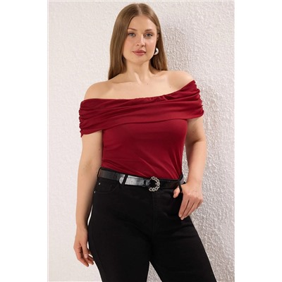 Kırmızı Mesh Örme Büyük Beden Bluz