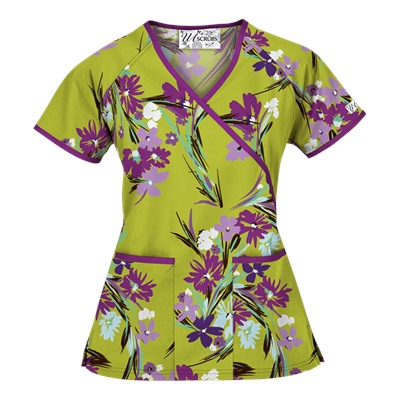 UA Island Bouquet Giddy Green Mock Wrap Scrub Top