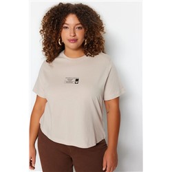 Bej Bisiklet Yaka Baskılı %100 Pamuk Örme T-Shirt TBBSS23BF00027