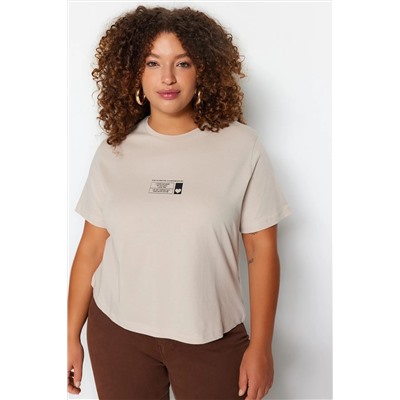 Bej Bisiklet Yaka Baskılı %100 Pamuk Örme T-Shirt TBBSS23BF00027
