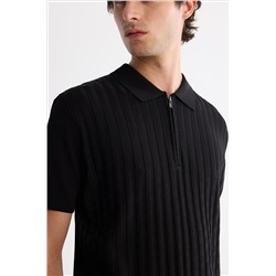 Siyah Polo Yaka Fermuarlı Rayon Triko T-Shirt