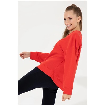 Kadın Kırmızı Bisiklet Yaka Basic Sweatshirt