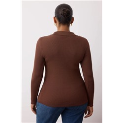 Kahverengi Polo Yaka Fitilli İnce Triko Bluz TBBAW26AF00001