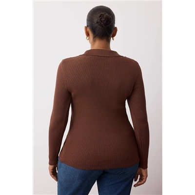 Kahverengi Polo Yaka Fitilli İnce Triko Bluz TBBAW26AF00001