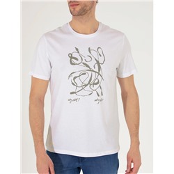 Beyaz Slim Fit Baskılı Bisiklet Yaka Tişört