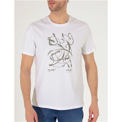 Beyaz Slim Fit Baskılı Bisiklet Yaka Tişört