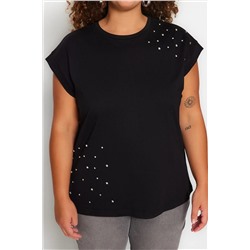Siyah Bisiklet Yaka Taşlı %100 Pamuk Örme T-shirt TBBSS23BF00041