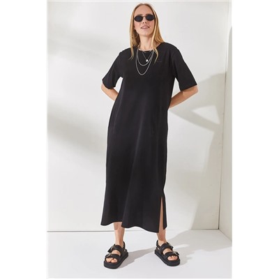 Olalook, Kadın Siyah Yanı Yırtmaçlı Oversize Pamuk Elbise  ELB-19001880