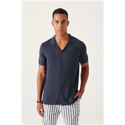 Avva Erkek Lacivert Küba Yaka Düğmeli Standart Fit Normal Kesim Triko T-shirt B005008