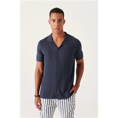 Avva Erkek Lacivert Küba Yaka Düğmeli Standart Fit Normal Kesim Triko T-shirt B005008