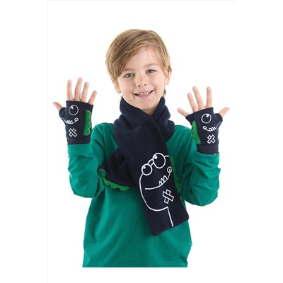 Denokids Tırtır Dinozor Lacivert Polar Atkı Parmaksız Eldiven Takım CFF-22S1-119