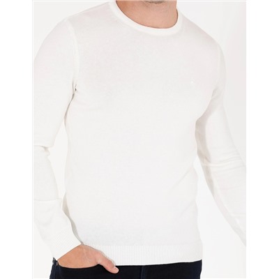 Ekru Slim Fit Bisiklet Yaka Basic Triko Kazak