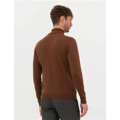Kahverengi Slim Fit Balıkçı Yaka Basic Triko Kazak