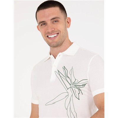 Ekru Slim Fit Baskılı Polo Yaka Tişört