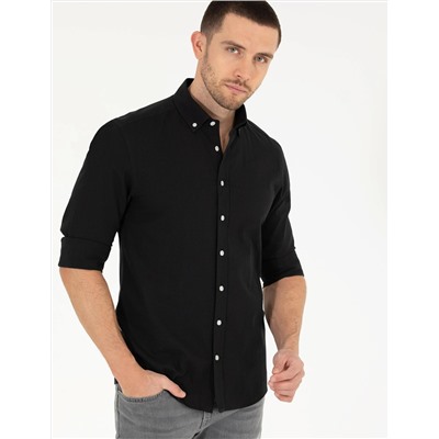Siyah Slim Fit Keten Görünümlü Gömlek