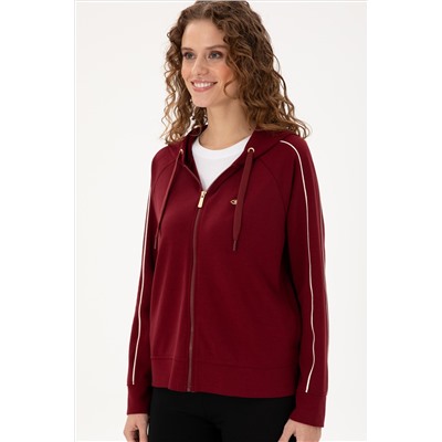 Kadın Bordo Kapüşonlu Fermuarlı Sweatshirt