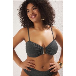 Siyah U Aksesuar Detaylı Simli Askılı Büyük Beden Bikini Üstü TBBSS25CT00007