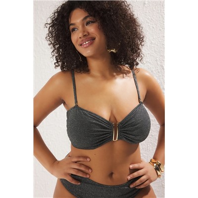 Siyah U Aksesuar Detaylı Simli Askılı Büyük Beden Bikini Üstü TBBSS25CT00007