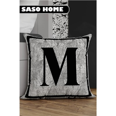 SasoHome Gri Harfli Kırlent Yastık Kılıfı - M Harfi - Gri Zemin Dekoratif Hediyelik Kırlent Kılıfı Saso-3016