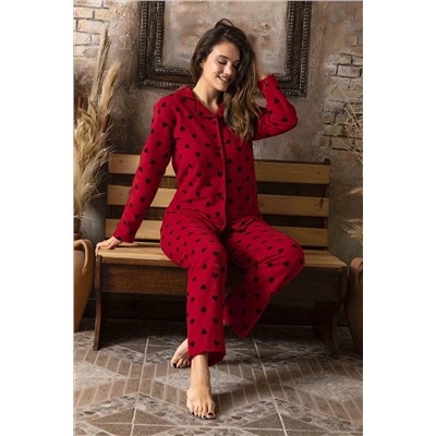 CALİA Kadın Önden Düğmeli Uzun Kollu Polar Peluş Kışlık Sıcak Tutan Pijama Takımı 687YP200