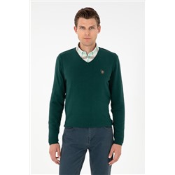 Erkek Slim Fit V Yaka Yeşil Basic Kazak