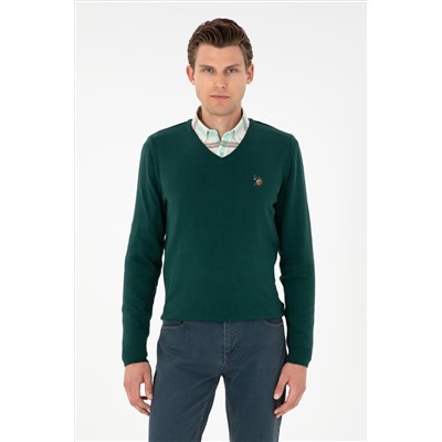 Erkek Slim Fit V Yaka Yeşil Basic Kazak