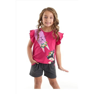 Denokids Sevimli Dostlar Kız Çocuk Pembe T-shirt Gri Şort Takım CFF-22Y1-073