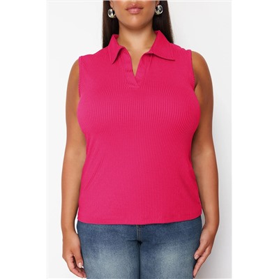 Pembe Fitted/Vücuda Oturan Polo Yaka Esnek Örme Büyük Beden Bluz TBBSS24AF00065