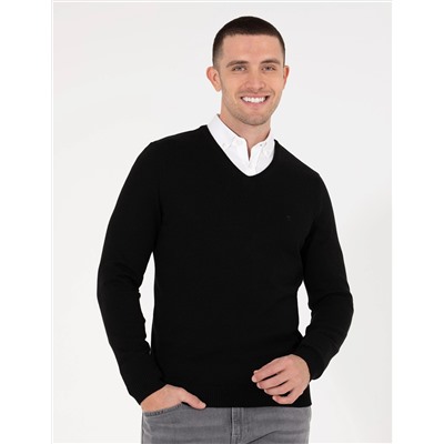 Siyah Slim Fit V Yaka Basic Triko Kazak
