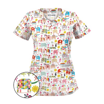 UA Lucky Elephants White Print Scrub Top