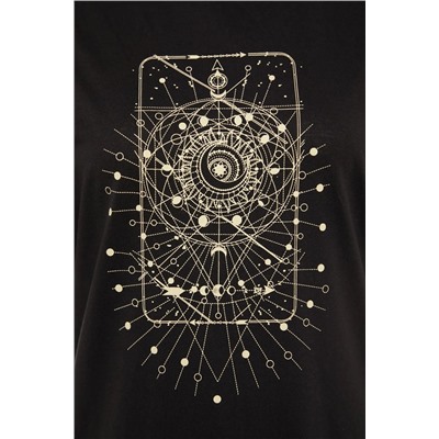 Siyah Geometrik Baskılı %100 Pamuk Örme Büyük Beden T-Shirt Elbise TBBSS22EL2269