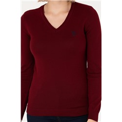 Kadın Bordo V - Yaka Basic Kazak