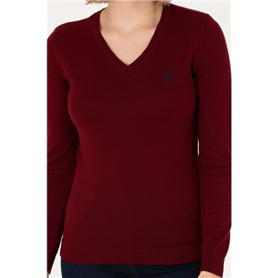 Kadın Bordo V - Yaka Basic Kazak
