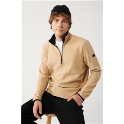 Bej Dik Yaka Soğuğa Dayanıklı Yarım Fermuarlı Regular Fit Standart Kesim Polar Sweatshirt
