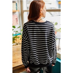 Olalook Kadın Siyah Beyaz Çizgili Basic Yumuşak Dokulu Salaş Sweatshirt SWT-19000457