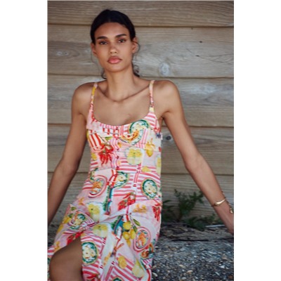 PATCHWORK PRINT MIDI DRESS WITH LINEN BLEND