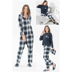FOR YOU MODA 5'li Terlikli Lacivert Ekoseli Siyah Pijama Takımı S26799
