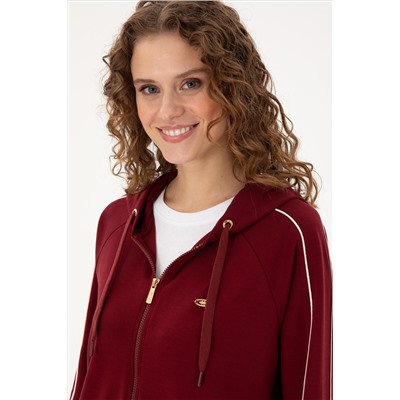 Kadın Bordo Kapüşonlu Fermuarlı Sweatshirt